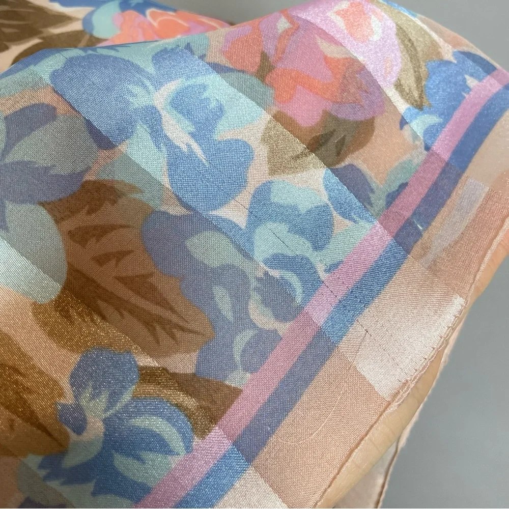 Floral Scarf Vintage Long Roses Pink Blue Sheer Sheen Stripe Elegant Retro‎